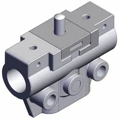 3-port manual air control valve with basic plunger actuator and M5 ports. Bottom-ported body enables compact inline mounting. Used in pneumatic circuits for manual shut-off or selector functions in industrial automation, packaging, and material handling systems.