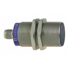 Shielded inductive cylindrical proximity sensor with built-in connector, 3 wires, and DC supply voltage rating of 12-48V DC. Detects metallic objects without contact for position sensing, part detection, and machine control in industrial automation systems.