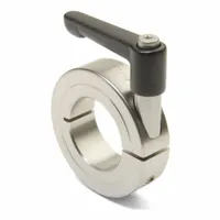 This one-piece clamping lever shaft collar has a 45 mm bore diameter and is made from 316 stainless steel with a black finish and bright bore. It is used to secure components on a shaft without marring the surface, suitable for positioning, spacing, and mounting in industrial machinery and automation applications where frequent adjustments are required