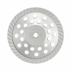 This BOSCH turbo diamond cup grinding wheel has a 5/8 in diameter and a 5/8"-11 arbor. It features 5 turbo diamond segments for grinding concrete, masonry, and stone surfaces. Suitable for use with angle grinders.