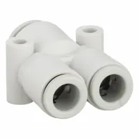 This SMC push-fit wye fitting is made of white polybutylene terephthalate and has three ports: two with 6 mm OD and one with 8 mm OD. It is used to split or combine tubing lines in pneumatic systems, enabling flexible routing of compressed air or vacuum circuits in industrial automation and material handling applications