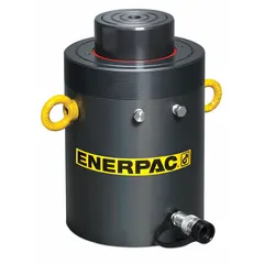 Single-acting hydraulic ram with 200 ton nominal capacity and 12 in nominal stroke length. Steel construction for heavy lifting, pressing, and structural testing in industrial maintenance and manufacturing.