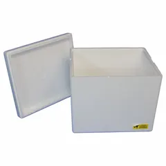 This insulated box and foam shipping kit consists of a white corrugated cardboard exterior and a 0.75 in thick Styrofoam insert. The Styrofoam insert provides thermal protection for temperature-sensitive contents during transport. Suitable for shipping items that require temperature control, such as perishable goods or sensitive materials.