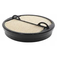 Round engine air filter with channel flow design. Overall height 2 3/16 in. Suitable for use on farm equipment. Filters intake air to protect the engine from debris