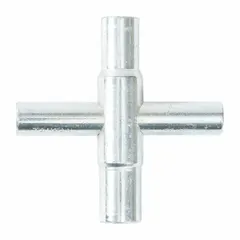 This steel water valve key features four connection sizes (1/4", 11/32", 5/16", and 9/32") for operating various valve stems. With a height of 0.5 inches and width of 3.13 inches, it is used for turning water valves in irrigation and plumbing systems.