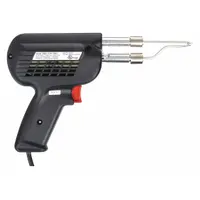 The WELLER D650 is a 300 W high-output electric soldering gun with a temperature range of 900°F to 1,100°F. It includes conical, knife, and smoothing tips with a 5.6 mm tip width. Suitable for heavy-duty soldering tasks such as joining large-gauge wires and sheet metal