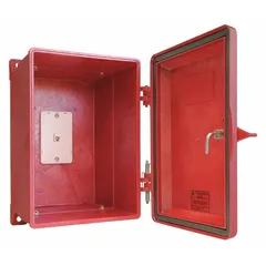 Red plastic weatherproof phone enclosure rated NEMA 4X and corrosion resistant. Designed for pole mounting with wall telephones, it features a modular jack and spring door return. Suitable for outdoor or harsh environments where a weatherproof telephone is needed.