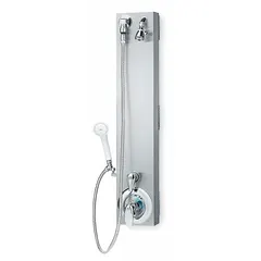 This shower faucet panel combines a fixed showerhead with a handheld showerhead in a single unit. Overall dimensions: 37 5/8 in height, 6 3/4 in width, 3 1/8 in depth. Suitable for commercial or industrial washroom installations requiring flexible rinsing for maintenance or hygiene applications.
