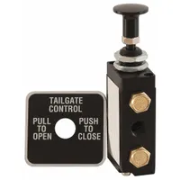 Manual air valve for controlling tailgate operation on heavy dump trucks. Constructed from steel with a black powder-coated finish. Rated to 120 psi. Suitable for pneumatic actuation in construction and mining applications