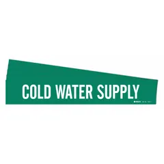 Green adhesive pipe marker with white legend reading 'Cold Water Supply'. Fits pipe outer diameters from 2-1/2 to 7-7/8 inches. Pack of 5 markers without directional arrows. Used to identify cold water supply lines in piping systems.