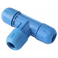 Nylon compression tee fitting for compressed air systems. Used to branch pneumatic lines in industrial distribution networks. Corrosion-resistant construction suitable for plant or workshop air supply