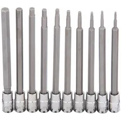 This 25-piece hex bit socket set includes 7 hex bit sockets with a 1/4 in drive size and an overall length of 4 3/4 in. The set covers SAE sizes and is suited for driving hex fasteners in assembly, maintenance, and repair tasks.