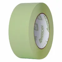 Green crepe paper masking tape with rubber adhesive, 5.3 mil thick, 1 7/16 inches wide, and 60 yards long. Suitable for indoor/outdoor use on polyethylene surfaces. Provides clean removal and reliable hold in painting, powder coating, and surface protection applications
