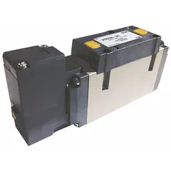 Five-way, two-position solenoid air control valve with single solenoid and spring return. Features terminal block connection, internal pilot, and non-locking manual override. Used to control pneumatic cylinders or actuators in industrial automation systems.