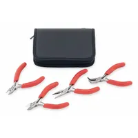 This 4-piece set includes bent needle nose and long nose pliers with standard cushion grips and spring return. The pliers range from 2 to 5 inches. ESD-safe construction protects sensitive components during electronics assembly and repair