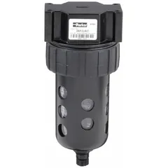 Particulate filter for compressed air systems. 3/8 in NPT connection, 40 micron filtration, 80 cfm flow capacity, 150 psi maximum operating pressure. Used in pneumatic circuits to remove solid contaminants from compressed air.