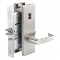 Classroom lever lockset in MR113 Philadelphia style, constructed of stainless steel with a satin stainless steel finish. ANSI function code F06. ADA compliant for accessibility. Suitable for interior doors in educational and commercial facilities where passage function is required