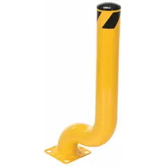 Carbon steel offset bollard with yellow powder-coat finish, 4 1/2 in diameter and 36 1/8 in install height. Bolt-on base for concrete mounting without welding. Used to protect building corners, equipment, and racking from vehicle impact in warehouses and loading docks.