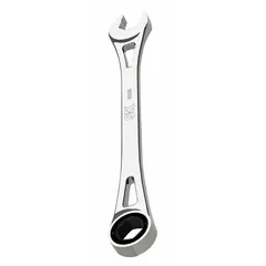 Metric 6-point ratcheting combination wrench with 15 mm head size and 9 in overall length. Made of alloy steel with a chrome finish. The ratcheting box end enables fastener turning without repositioning. Suitable for turning corresponding bolts and nuts in mechanical and industrial settings.