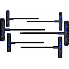 This 6-piece metric T-handle hex key set features single ball-end, long-arm keys with a black finish. Each key has one tip. The set is stored in a pouch. Typical applications include tightening or loosening hex socket screws and bolts in confined spaces.