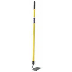 This garden hoe features a steel blade with a 6-inch length and 5-1/4-inch width, attached to a straight handle. It is used for weeding, cultivating, and shaping soil in gardens and landscaping.
