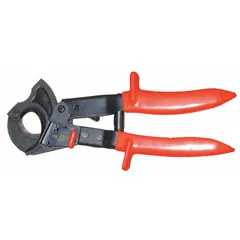 This ratcheting cable cutter features a straight design with a plastic handle. It is rated for cutting aluminum electric cable up to 750 kcmil maximum diameter. Suitable for heavy-duty cable preparation in electrical and data applications.