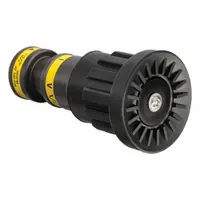 Aluminum fog nozzle with rigid NST base, adjustable gallonage, and twist activation. Delivers fog or straight stream spray patterns for firefighting operations requiring variable flow and pattern control