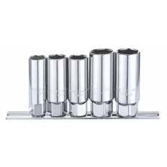 This 5-piece spark plug socket set includes 6-point sockets in sizes 16 mm to 21 mm with a 3/8 in drive. Constructed from chrome, the set is used for removing and installing spark plugs in automotive and small-engine applications.