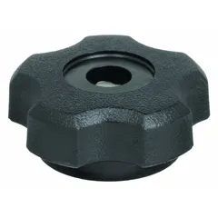 This Snap-Lock 5-Arm Knob features a plastic body with a steel thread insert and a 1/4"-20 thread size. The 1.36 in diameter five-point design provides a secure grip for manual adjustment and locking tasks. Commonly used on industrial machinery, fixtures, and equipment for hand-tightening and release in assembly, positioning, and clamping operations.