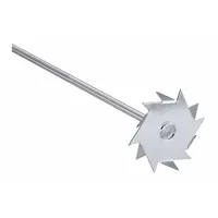 Overhead stirrer impeller for mixing, dispersing, and dissolving solids into liquids. Shaft length 13 3/4 in, blade diameter 3 1/8 in, shaft diameter 1/4 in. Compatible with IKA model 0003990001