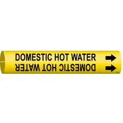 Yellow snap-on pipe marker with black 'Domestic Hot Water' legend and directional arrows. Designed for pipe outer diameters of 2-1/2 to 3-7/8 inches. Used to identify domestic hot water lines in piping systems for clear visual communication.