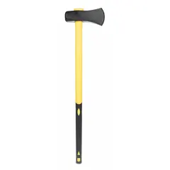 Splitting maul with an 8 lb steel head featuring a lacquered finish and a 3 3/4 in cutting edge. Multi-component handle. Used for splitting logs and other heavy-duty outdoor tasks.