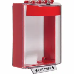 This clear polycarbonate guard is designed for outdoor surface mounting over keypads for entry systems. It features a 'LIFT HERE' legend and includes mounting hardware. The guard provides IP56-rated water resistance and helps protect the device against vandalism and accidental damage. Overall depth is 4 inches.