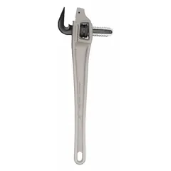 This offset pipe wrench features serrated jaws for gripping round pipes and fittings securely. The 18-inch overall length provides leverage for turning in tight or offset spaces. The I-Beam handle design offers strength while reducing weight. Suitable for plumbing, HVAC, and industrial maintenance applications.