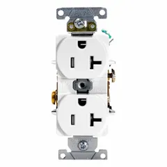 General-purpose duplex receptacle rated 125V AC, 20A, NEMA 5-20 configuration, 2-pole/3-wire with grounding. White finish. Suitable for powering 20A equipment in commercial and residential settings.