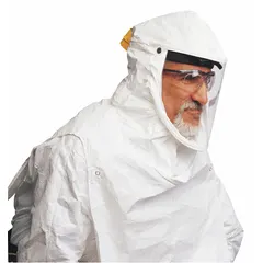 Universal-size bib hood with adjustable length, constructed of coated Tychem material. Designed for use with PAPR or SAR systems, providing respiratory protection in environments where airborne contaminants are present.
