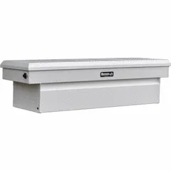 This single-lid crossover box is constructed from aluminum with a white finish. It features a 71-inch overall width and is designed for installation in pickup truck beds to provide secure, weather-resistant storage for tools and equipment.
