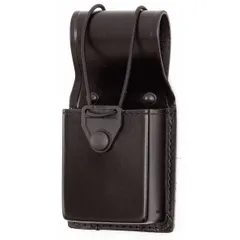 Black leather duty equipment pouch with basket weave pattern and snap closure. Measures 35 1/2 inches by 2 3/4 inches. Designed for carrying a radio or phone on a belt or duty gear.