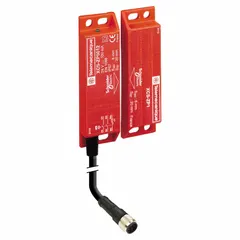 DC safety-interlock switch from the XCSDM Series with a 1NO contact configuration and integrated LED indicator. Pre-cabled termination type. Used to monitor the position of movable guards on industrial machinery, such as in packaging, material handling, and automated production lines.
