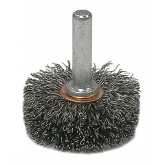 This light-cleaning brush features a crimped steel fill of 0.006" for surface preparation on carbon steel. With a 1 3/4" diameter and 1/2" width, it is suited for removing rust, scale, and light burrs. The 1/4" shank fits standard rotary tools. Typical applications include weld cleaning, deburring, and general maintenance in metalworking.