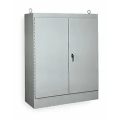 This WIEGMANN steel enclosure measures 72 x 48 x 24 inches and is rated NEMA 12 for protection against dust, dirt, and dripping non-corrosive liquids. It features a solid hinged cover secured by a keyed handle and does not include knockouts. Suitable for housing electrical controls and instruments in industrial environments.