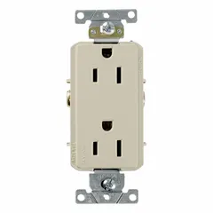 General-purpose duplex receptacle rated 125V AC, 15A, NEMA 5-15, 2-pole/3-wire grounding. Ivory finish. For use in standard wall outlets in residential and commercial buildings to power 125V devices.