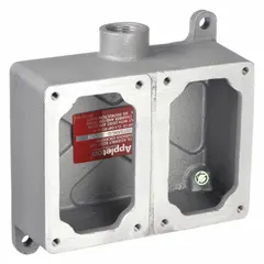 This 2-gang hazardous location electrical box is constructed from copper-free aluminum for corrosion resistance. It features a 3/4-inch dead end hub and is designed for mounting and protecting electrical connections in environments where flammable gases, vapors, or combustible dust may be present.