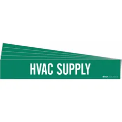 Green pipe marker with white 'HVAC Supply' legend, designed for adhesive application on pipes with outer diameter of 8 inches and larger. Pack of 5 markers without arrows, used to identify heating, ventilation, and air conditioning supply lines in industrial facilities.