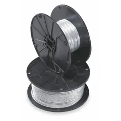 Galvanized-steel wire rope with 7x19 construction, 250 ft overall length, and 840 lb working load limit. Suitable for industrial rigging, overhead lifting, and cable tray support systems requiring flexibility and corrosion resistance in indoor or sheltered outdoor environments.