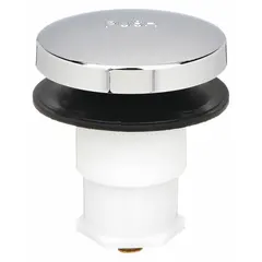 This plastic bathtub drain stopper features a toe-touch mechanism for easy operation. It fits 1-1/4 inch drain openings and includes a gasket for sealing. Suitable for use in residential and commercial bathtub drains.