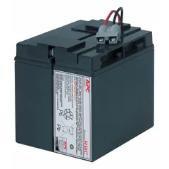 Sealed lead-acid replacement battery for APC UPS systems, compatible with model SU700XLINET. Provides 12 V DC output with 17 Ah capacity. Features a detachable cable connection for installation. Used to maintain backup power for connected equipment during outages.