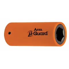Metric power socket with 3/8 in drive and 8 mm hex size. 6-point standard profile, oiled finish. Magnetic feature aids in retaining fasteners during assembly or disassembly. Used with power tools for fastening and loosening metric fasteners in industrial and maintenance tasks.