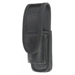 This duty equipment pouch is constructed from black ballistic nylon and measures 6 1/4 inches by 2 inches. It features a snap closure for secure retention and is designed to hold a standard flashlight. Typical applications include use by law enforcement, security personnel, and outdoor professionals requiring quick access to a flashlight.