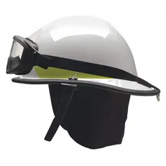 This BULLARD fire helmet features a white polyetherimide shell with a modern rear brim design. It includes a chin strap and a Standard Sure-Lock(R) Ratchet Headband suspension system for secure fit. Suitable for structural firefighting and rescue operations where impact and heat protection are required.